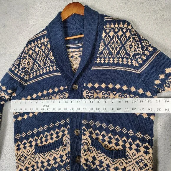 J.Crew Cardigan Sweater Mens Large Navy Beaige Fair Isle Wool Blend Button Front - Picture 10 of 11